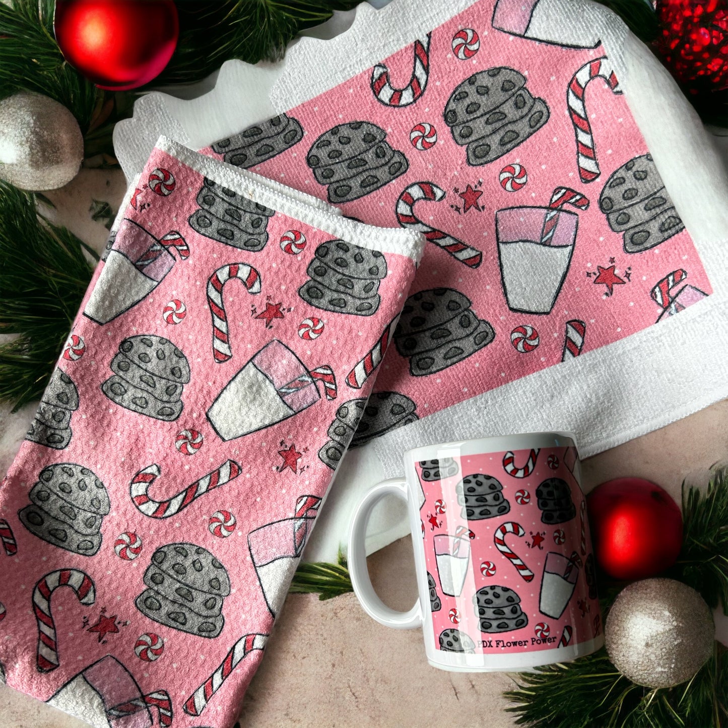 Pink Milk and Cookies towel and mug set, Festive cookie and candy cane gift set.