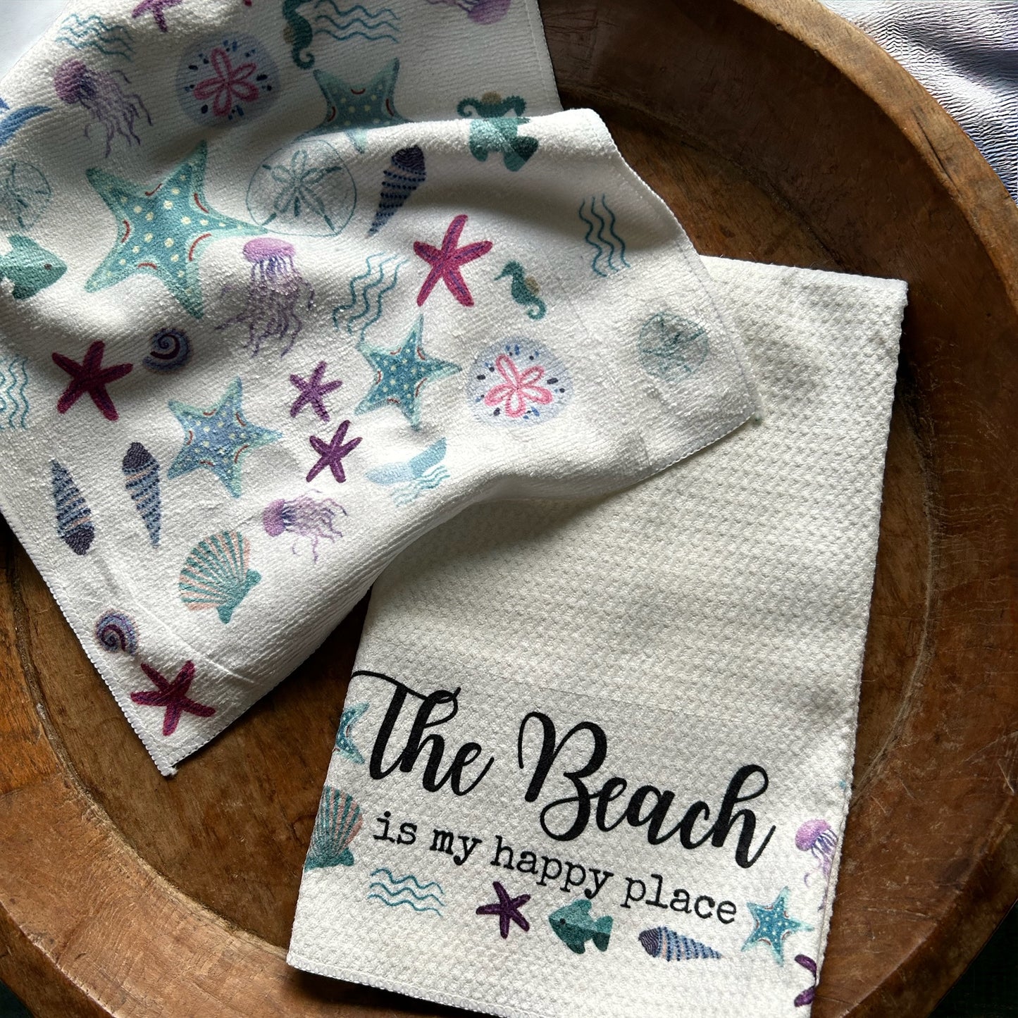 PDX Flower Power "The Beach is my happy place" waffle weave kitchen towel, Beach themed towel, unique beach towel, Custom beach towels