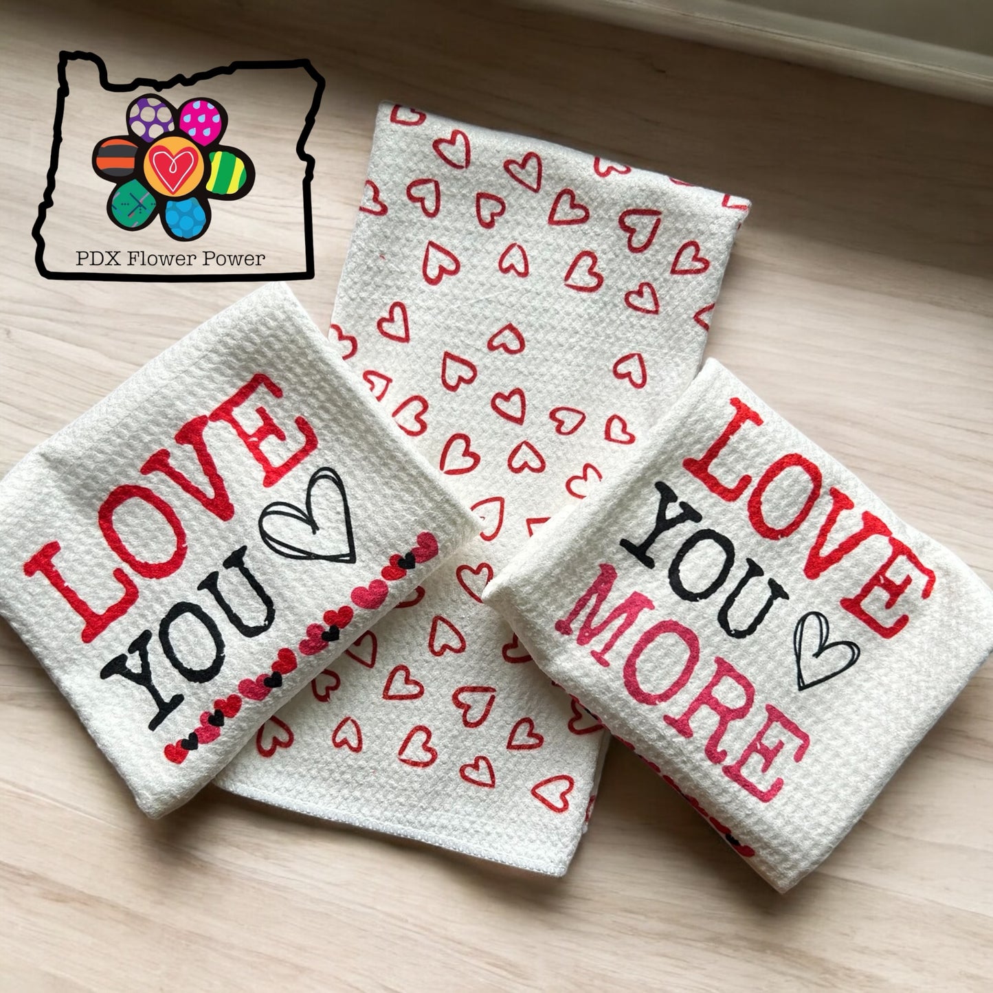 Love You, Love You More towel and soap set. Happy Valentine's Day gift, heart dish towels