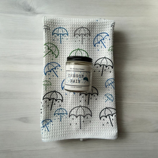 Oregon Rain towel & Candle set,  Umbrella design, Rain candle and towel