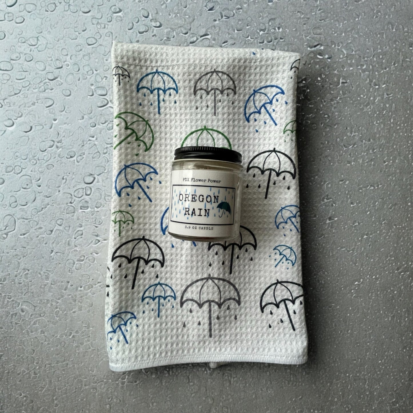 Oregon Rain towel & Candle set,  Umbrella design, Rain candle and towel