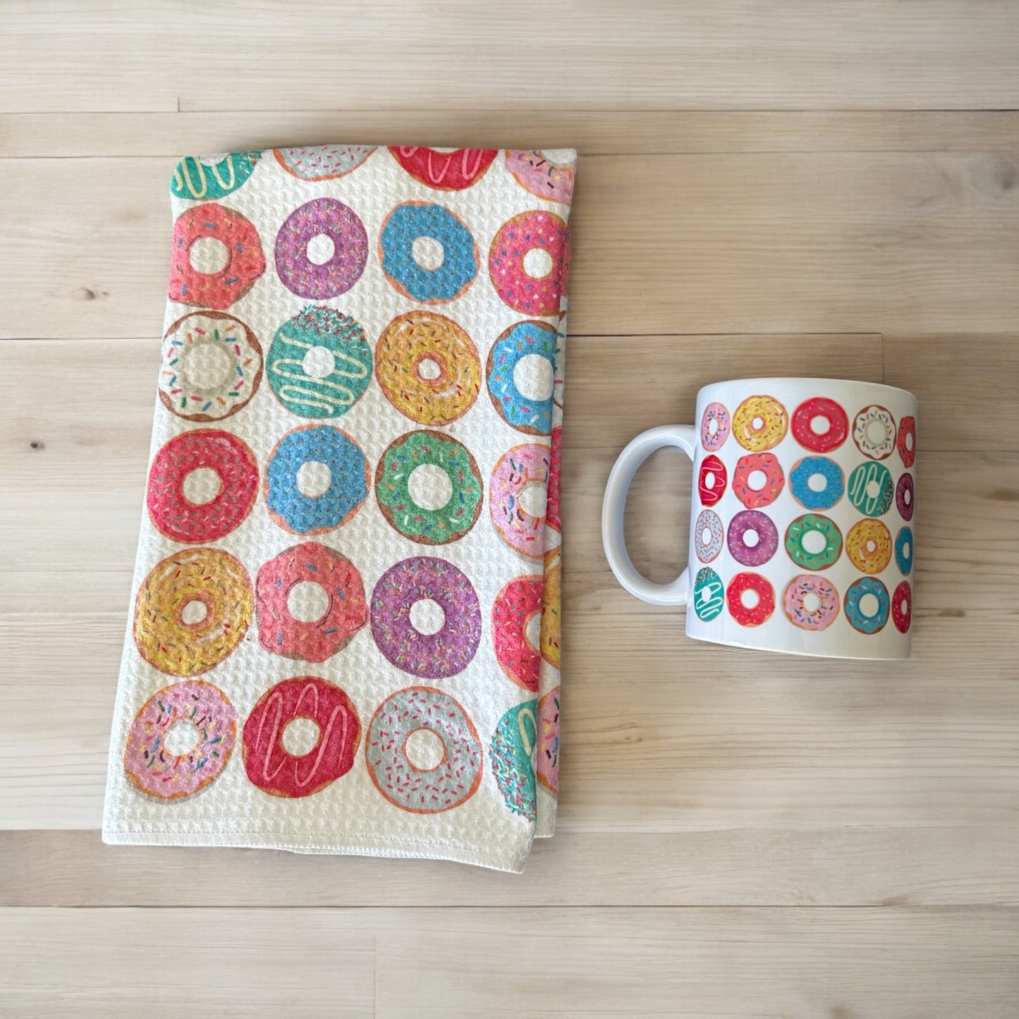 Doughnut mug, towel & fruit loop soy candle. valentine dishtowel, towel, hostess gift, doughnut love