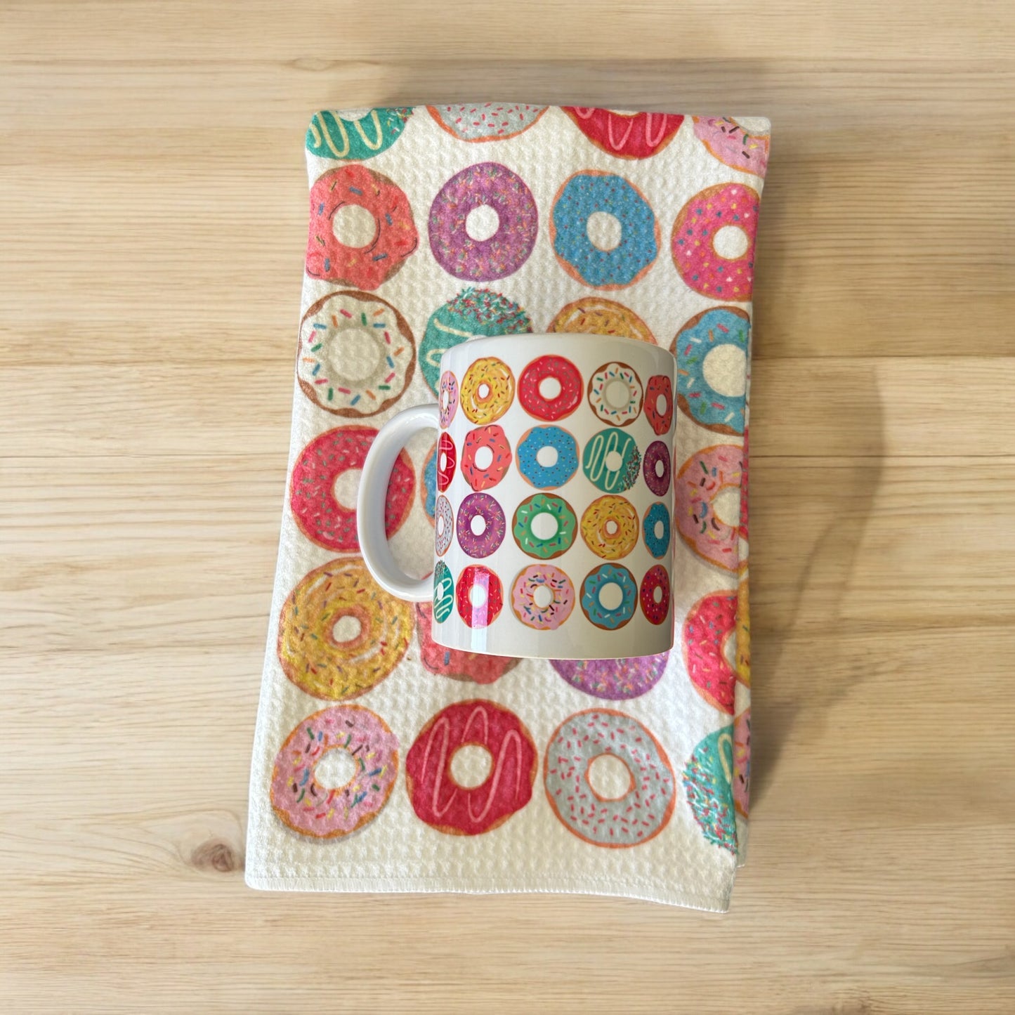 Doughnut mug, towel & fruit loop soy candle. valentine dishtowel, towel, hostess gift, doughnut love