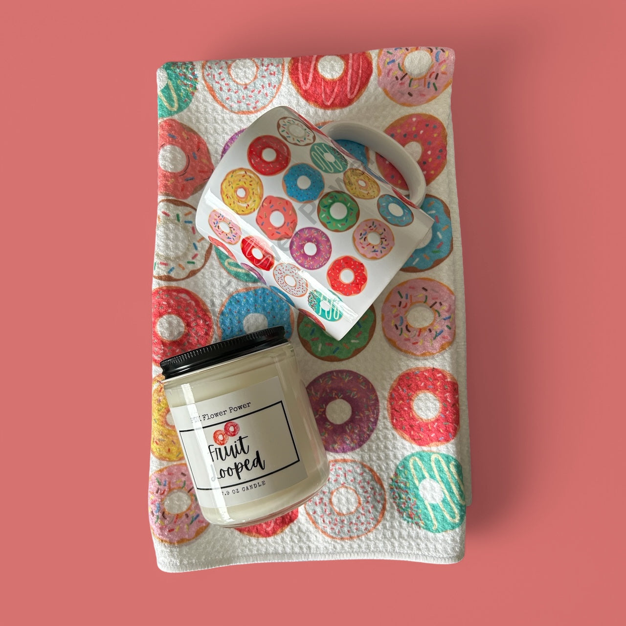 Doughnut mug, towel & fruit loop soy candle. valentine dishtowel, towel, hostess gift, doughnut love