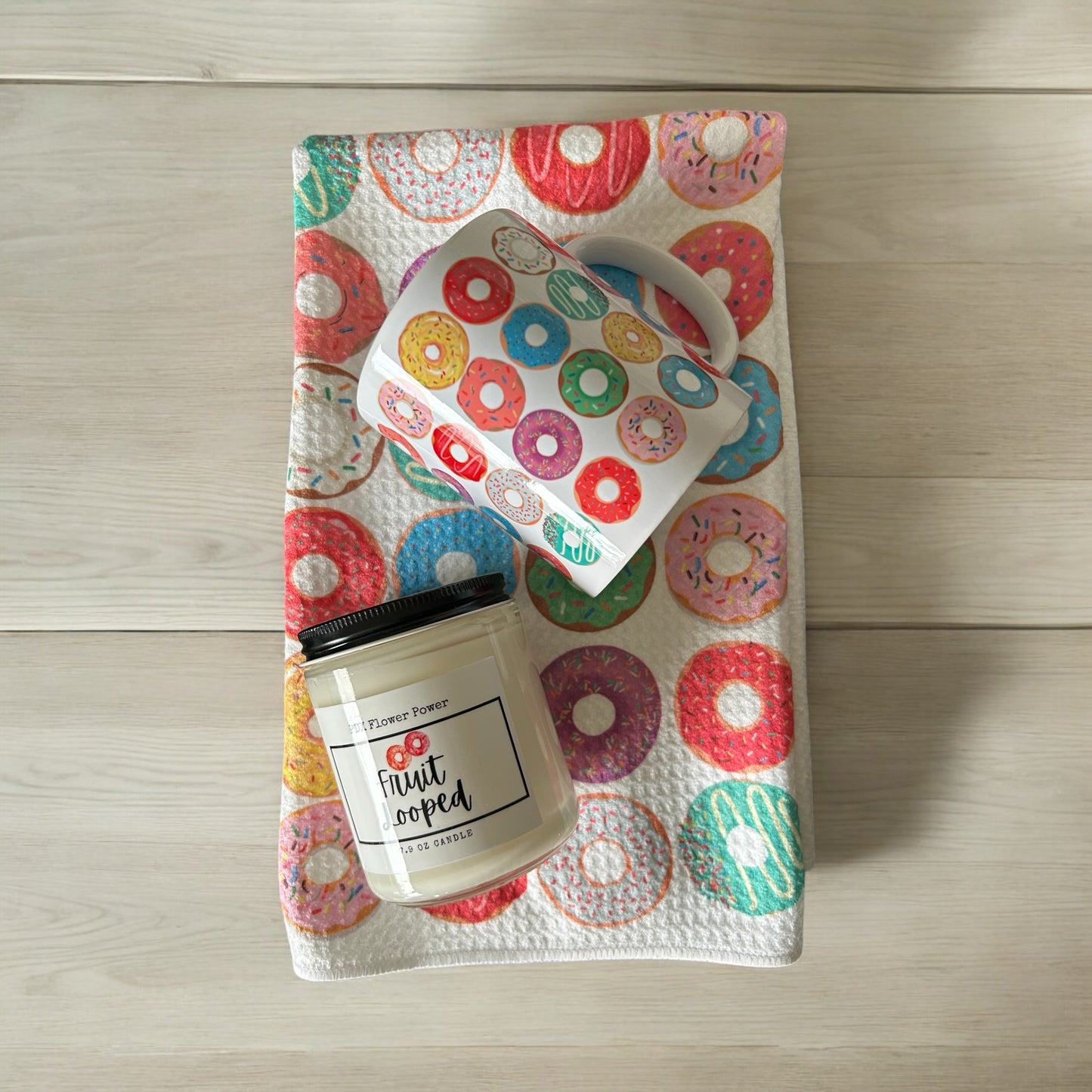 Doughnut mug, towel & fruit loop soy candle. valentine dishtowel, towel, hostess gift, doughnut love