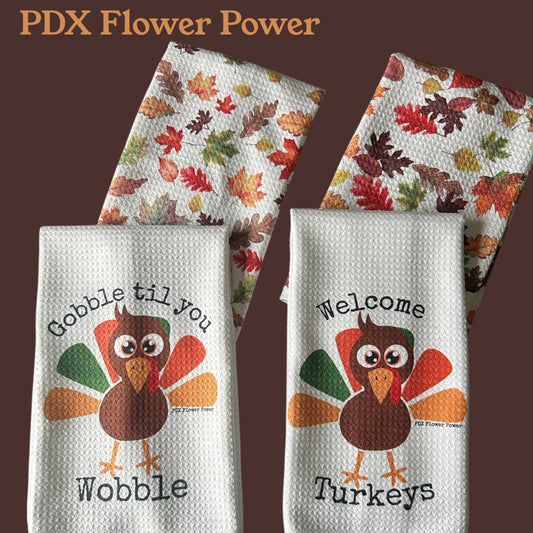 Fall leaves towel set, Festive fall dish towel set, set of 4 fall dish towels