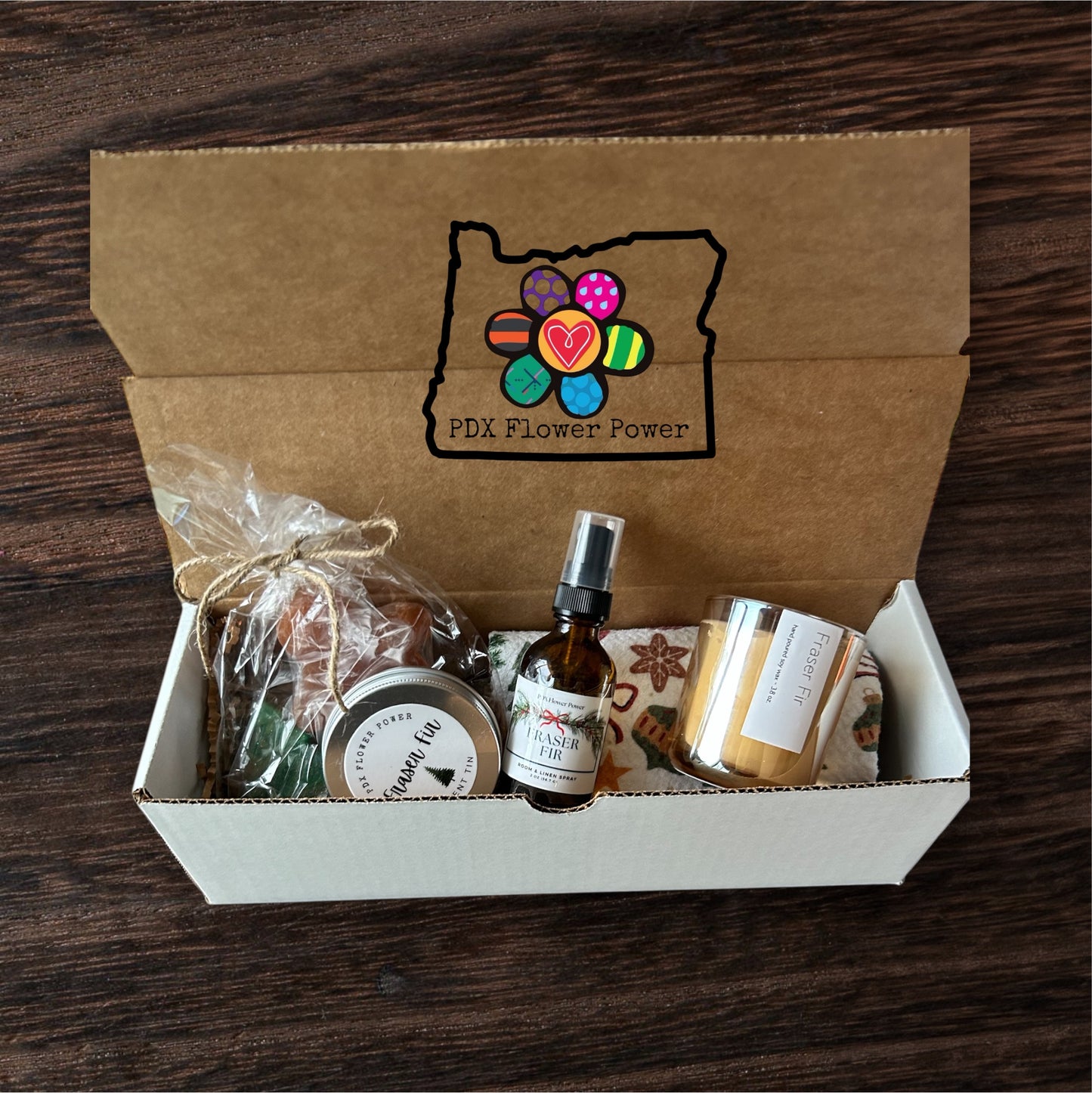 Holiday gift set, Fraser fir soy candle, festive towel, holiday soaps, scent tin, room spray