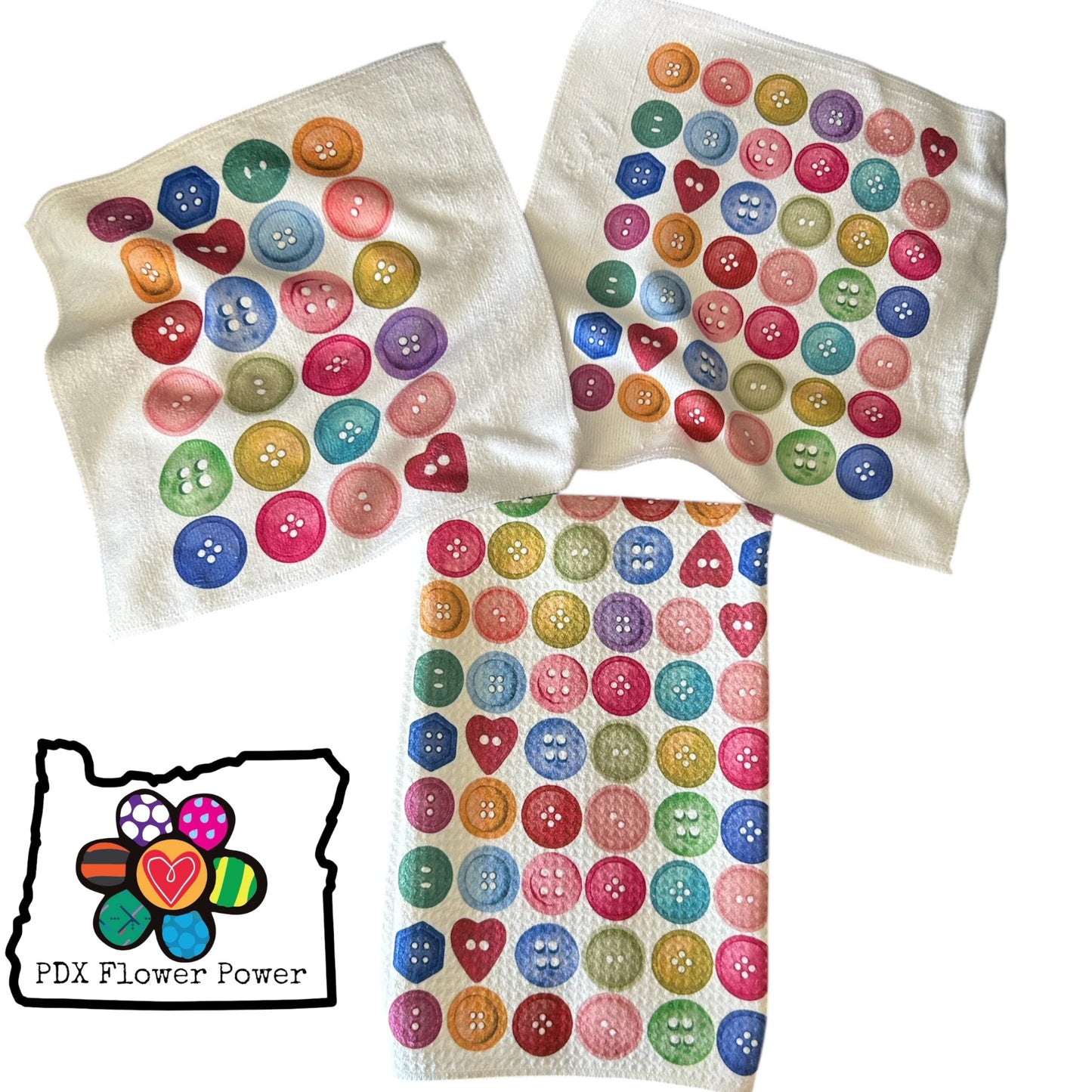 Buttons Towel Set, Waffle weave Kitchen towel  & microfiber dish cloth, bar towels | PDX Flower Power