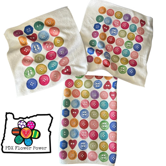 Buttons Towel Set, Waffle weave Kitchen towel & microfiber dish cloth, bar towels | PDX Flower Power