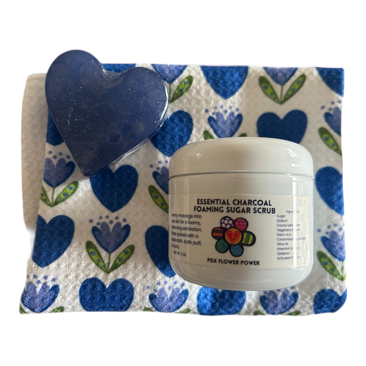 Blue Heart towel, artisan heart soap, foaming sugar scrub Self-Care Gift Set | PDX Flower Power