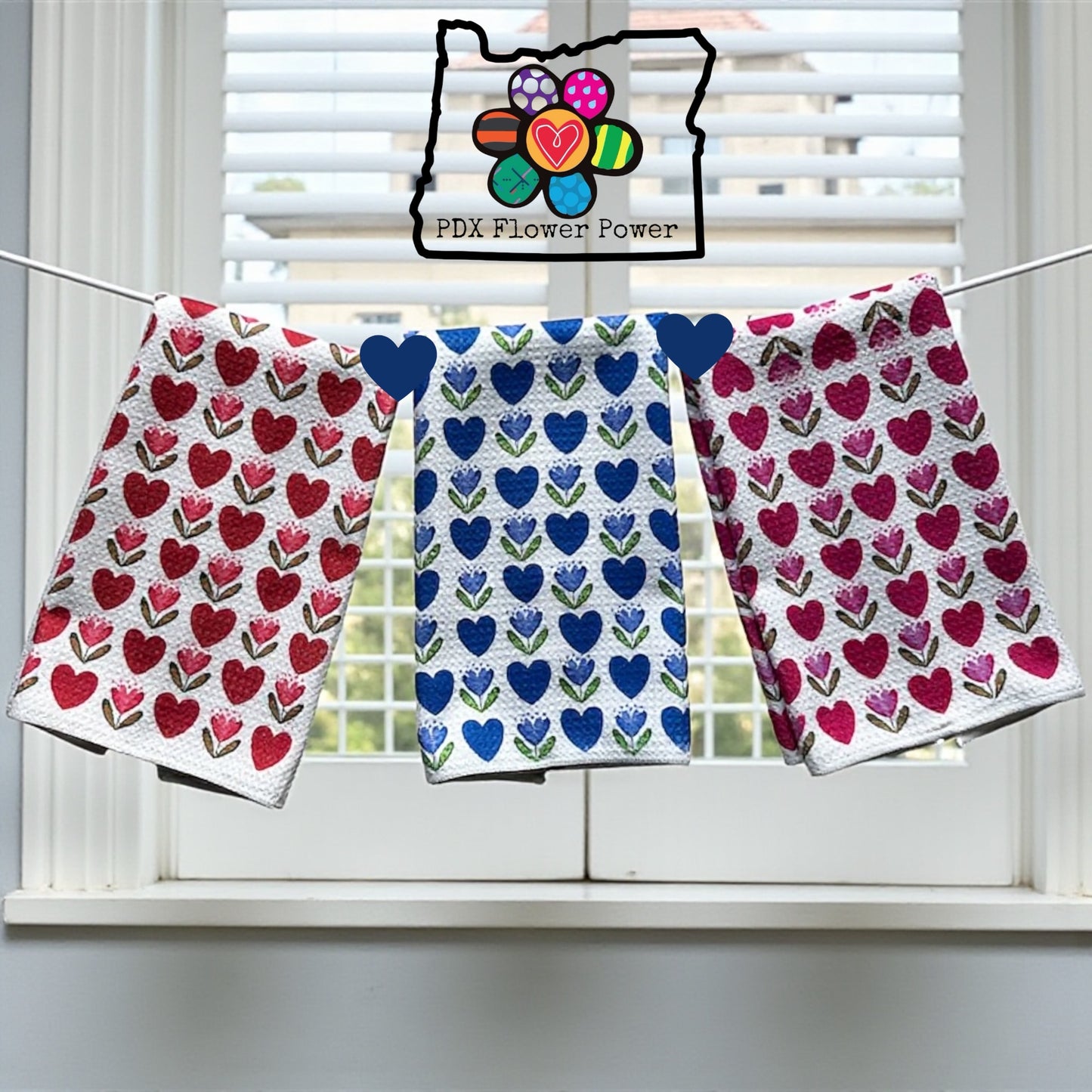 Hearts & Flowers towel set, Waffle weave Kitchen towels | PDX Flower Power