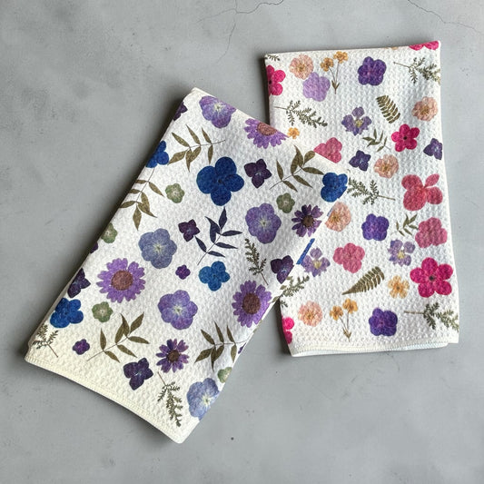 Pressed Flower towel set of two, Floral towel set, Waffle weave kitchen towels Pressed Flower Waffle Weave Kitchen Towel Set | PDX Flower Power