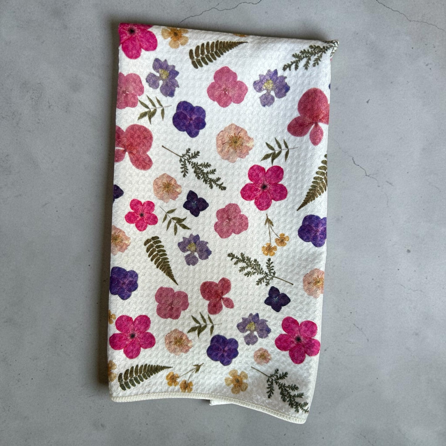Pressed Flower towel set of two, Floral towel set, Waffle weave kitchen towels Pressed Flower Waffle Weave Kitchen Towel Set | PDX Flower Power