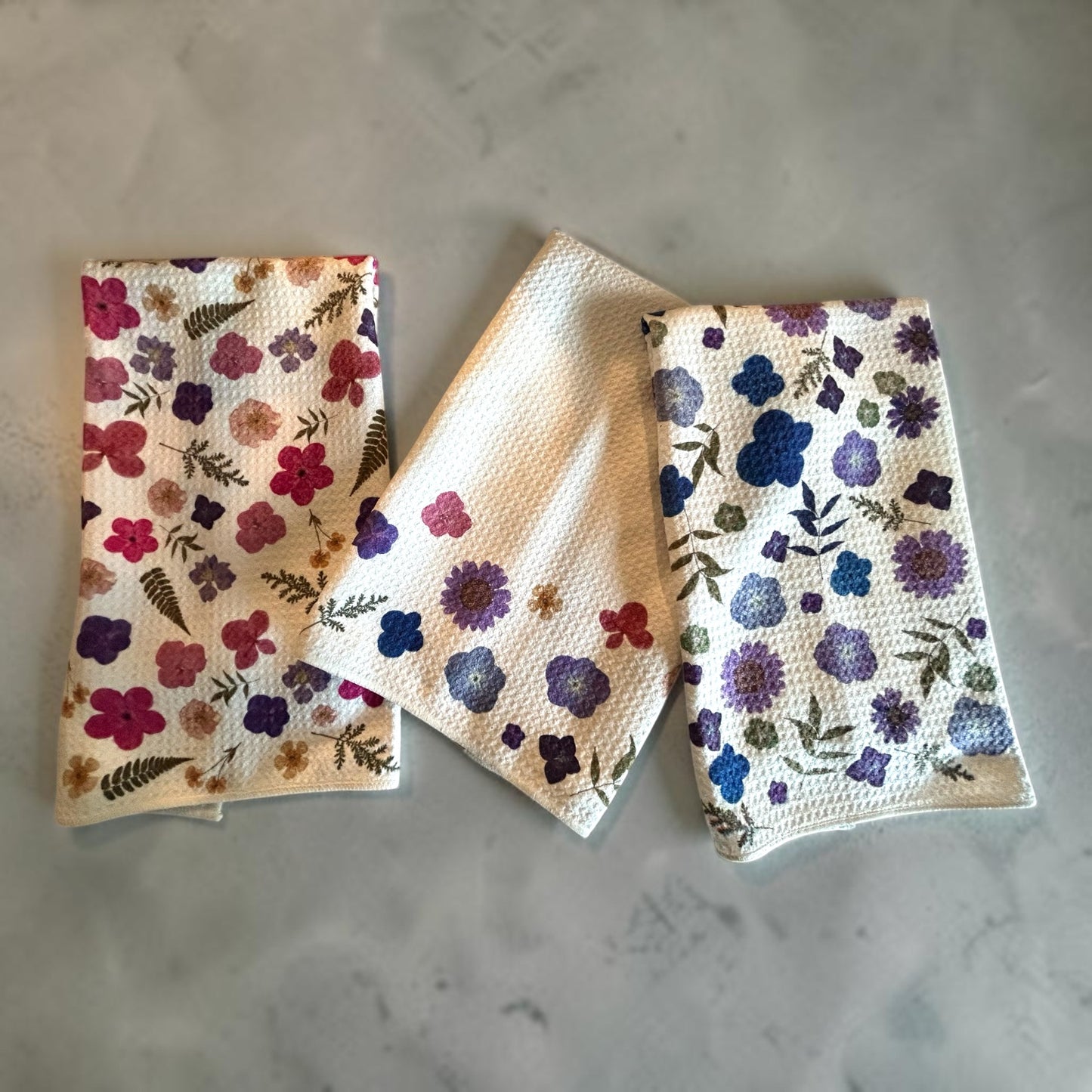 Pressed Flower Waffle Weave Kitchen Towel Set of 3 | PDX Flower Power