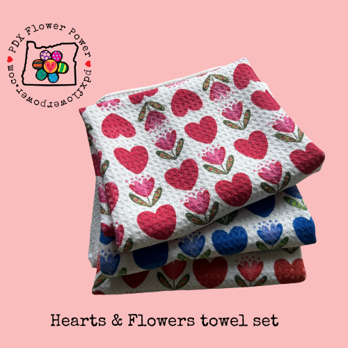 Hearts & Flowers towel set, Waffle weave Kitchen towels | PDX Flower Power