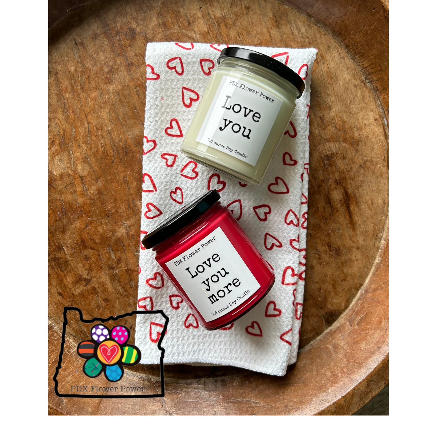 Love You, Love You more candles and towel set,  Happy Valentine's Day gift, heart dish towels