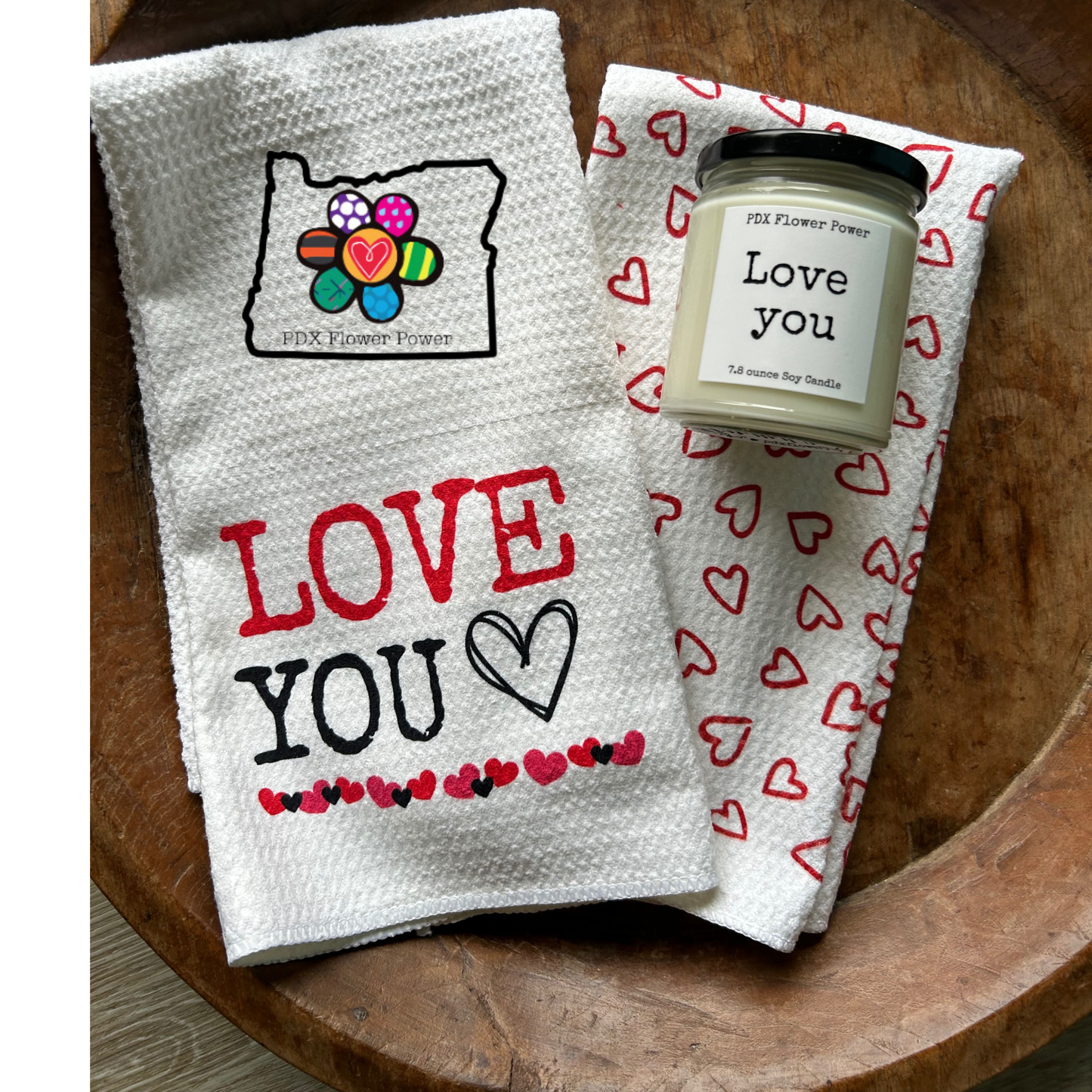 Love You candle and towel set,  Happy Valentine's Day gift, heart dish towels, Valentine candles.