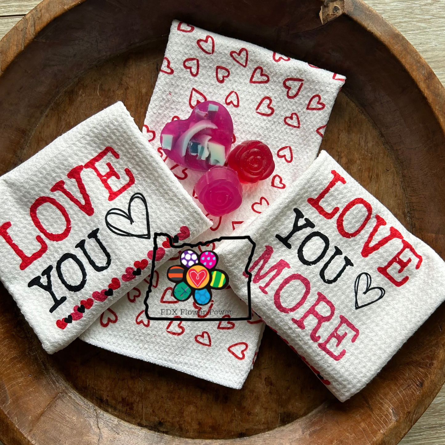 Love You, Love You More towel and soap set. Happy Valentine's Day gift, heart dish towels