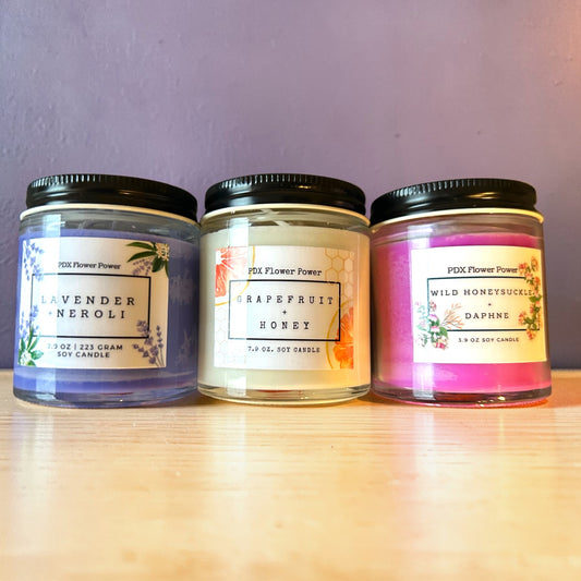 Spring Candle Trio, Wild Honeysuckle + Daphne, Lavender neroli, Grapefruit + Honey  | PDX Flower Power