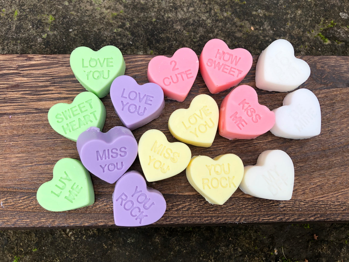 Mini Conversation heart soaps, fun festive and functional, Valentines soaps. 14 assorted heart soaps.