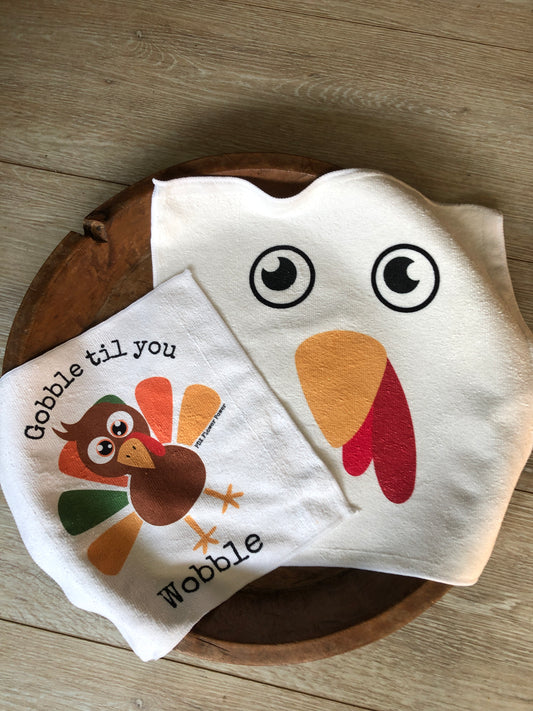 Gobble til you wobble /Turkey towel set, Kids washcloth set, Turkey towels, Festive Fall towel set, Fun turkey themed gift/ kids towels 16" x 16" Turkey towel  12" x 12"