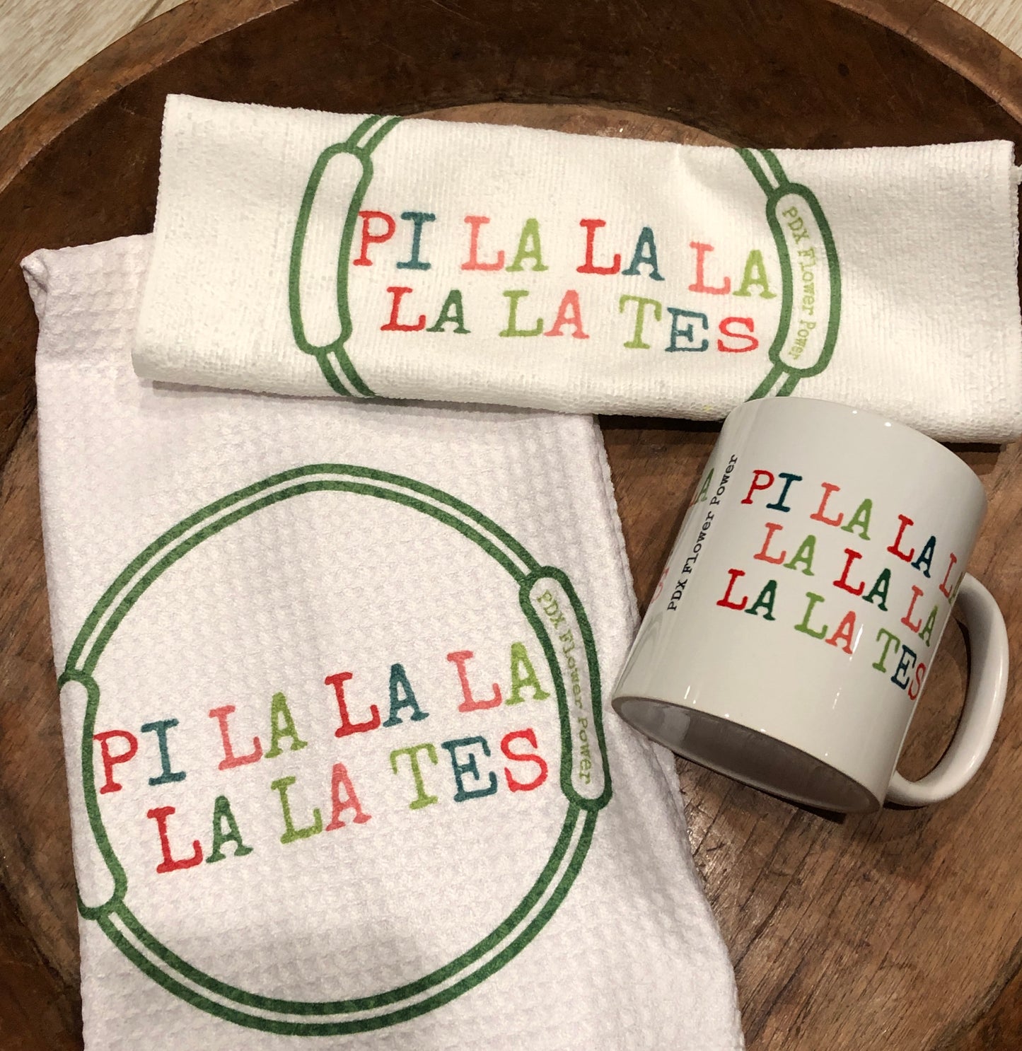 Pilates Holiday mug and towel set, gift for Pilates enthusiasts, pilates instructors. Pi la la la la tes gift set.