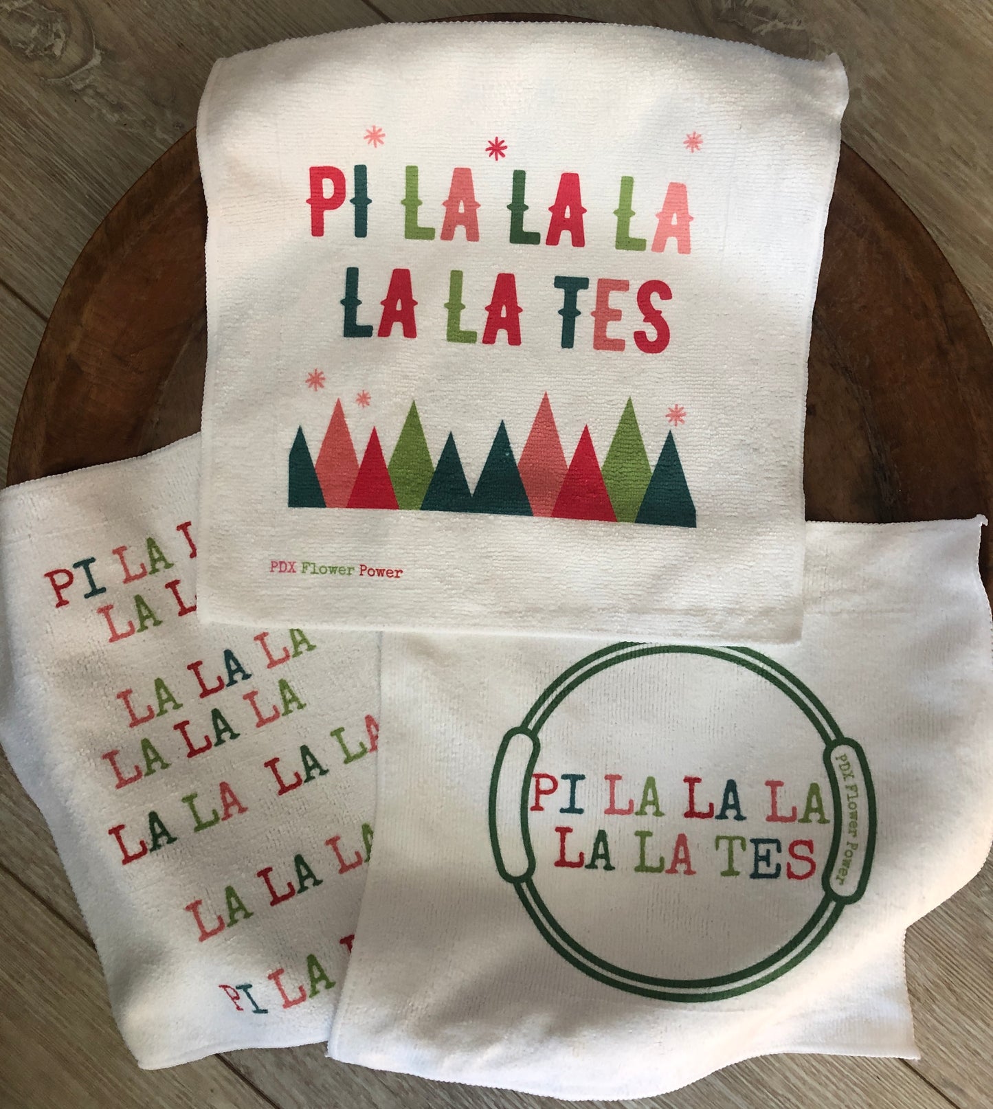 "Pil la la la la lates Holiday towel set" Pilates towel set of 3.  12" x 12 " microfiber towels