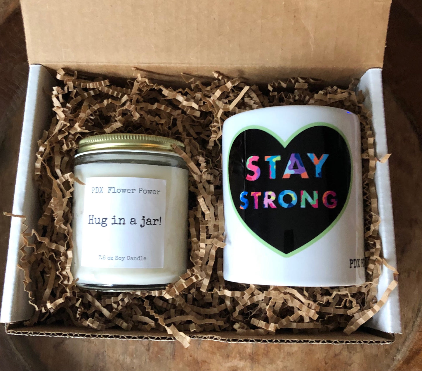 Candle & mug gift set, "Stay Strong/ Hug in a Jar" Gift Box, Strength & love gift set