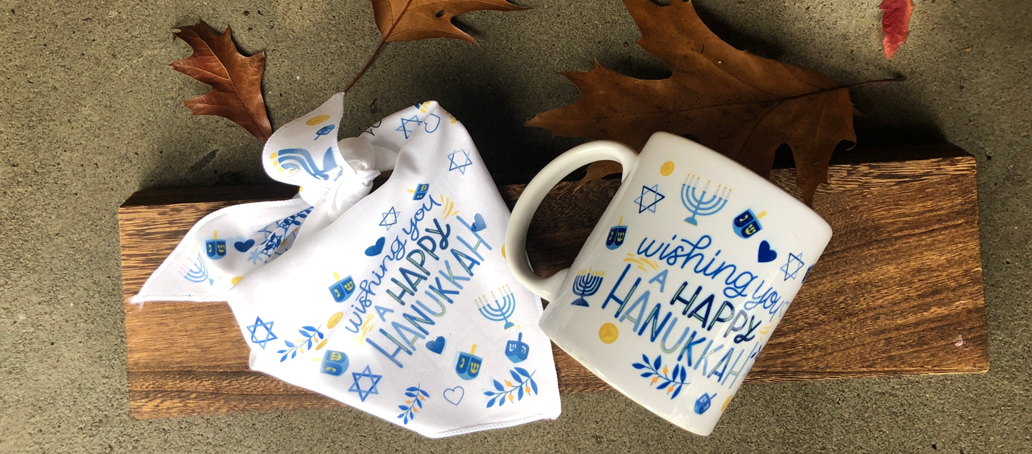 Hanukkah gift set,  "Wishing you a Happy Hanukkah"  Bandana & Mug set