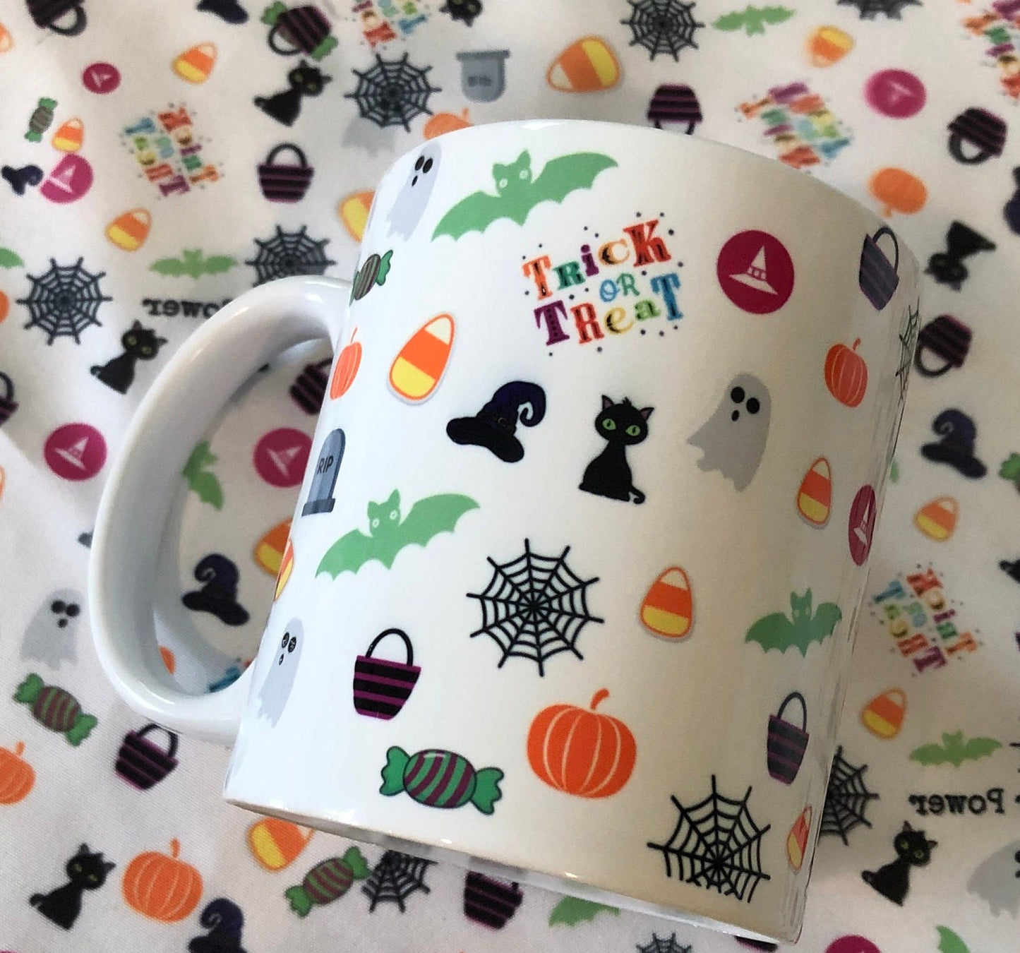 Halloween Mug, Pdx Flower Power mug, Festive black cat, witch hat, mug, Halloween themed mug, unique halloween coffee mug, fun halloween mug