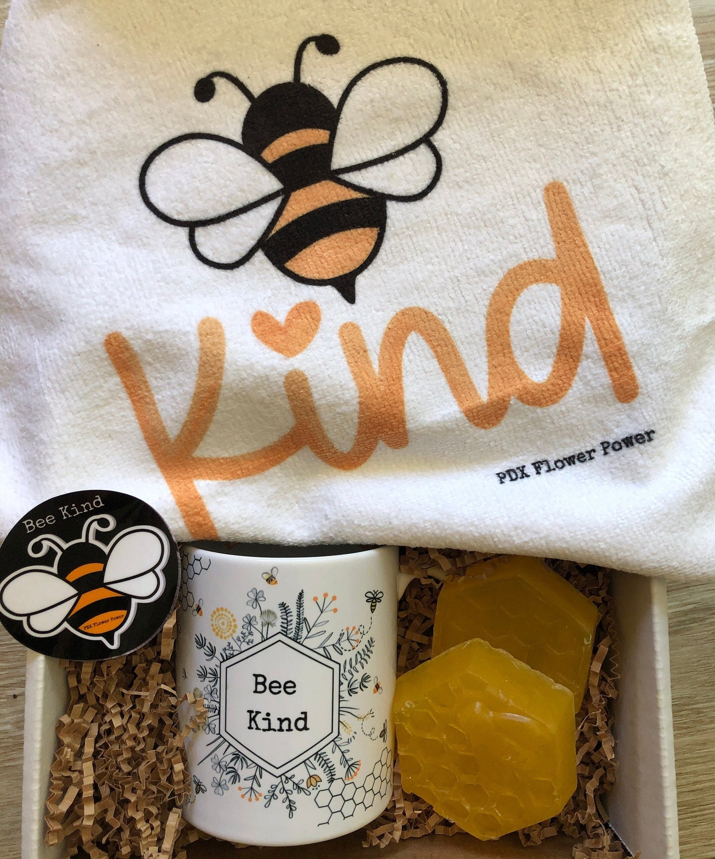 PDX Flower Power "Bee Kind Gift set", bee themed gift set, Bee kind mug, Bee kind Soaps, Bee sticker. Bee kind wash cloth, cute matches