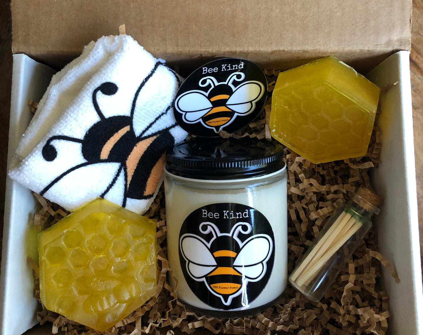 PDX Flower Power "Bee Kind Gift set", Bee themed gift set, Bee kind Candle, Bee kind Soaps, Bee sticker. Bee kind wash cloth, cute matches